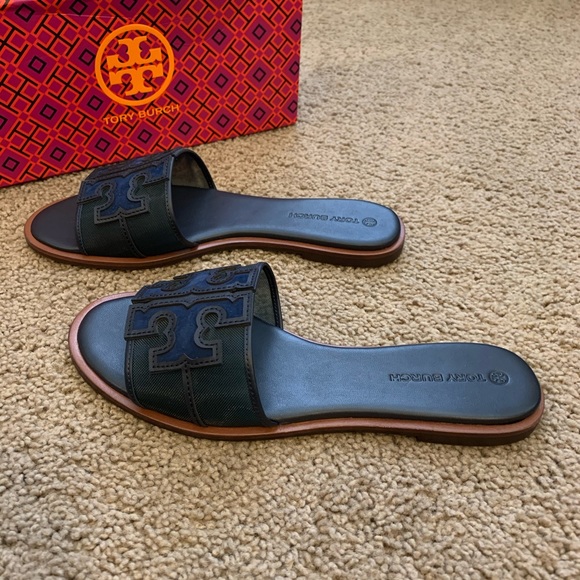 NEW 9.5 Tory Burch Ines Mesh Slide Black NavyGreen - Picture 7 of 10